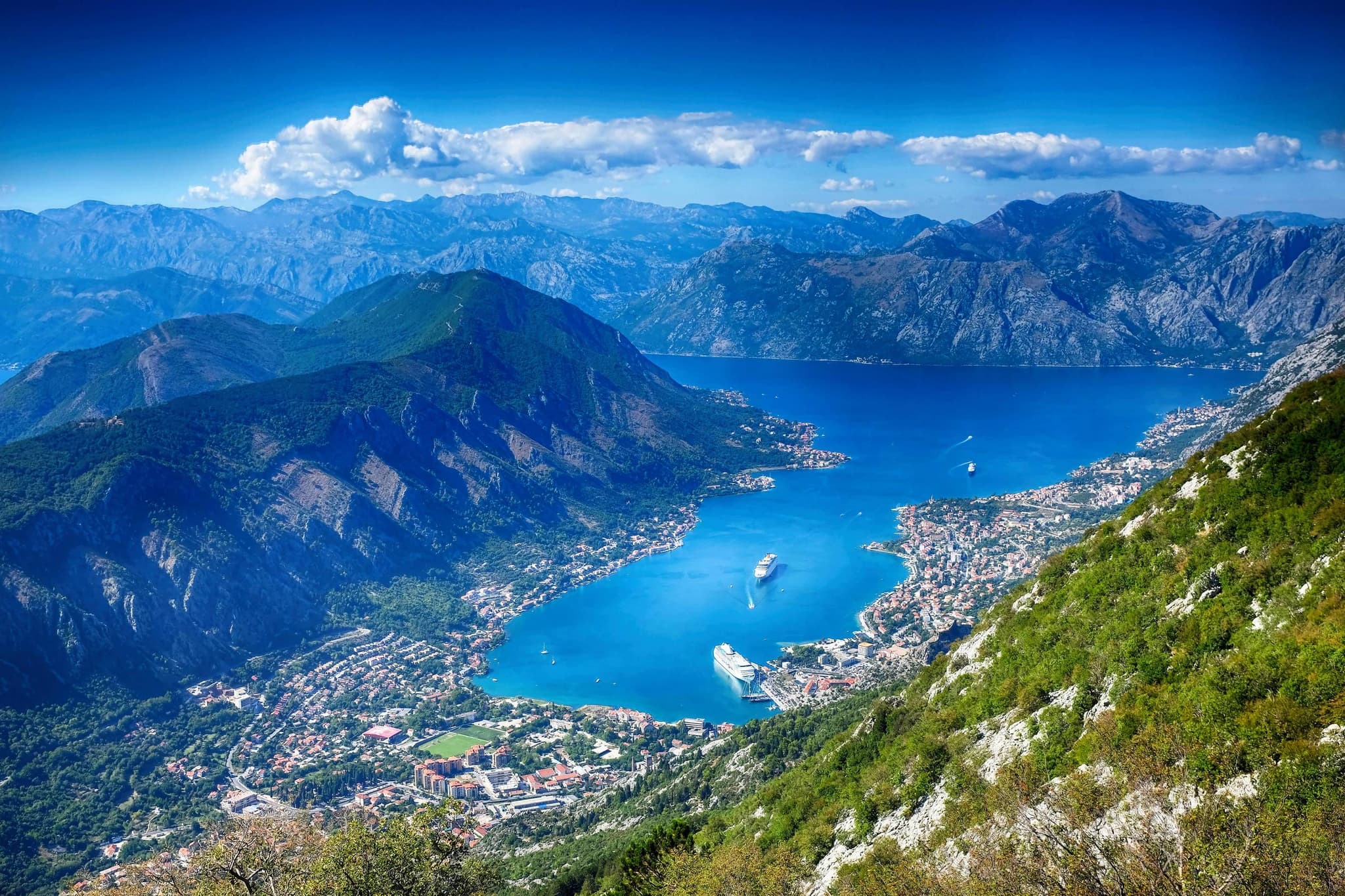 Aerial view of the Bay of Kotor surrounded by mountains