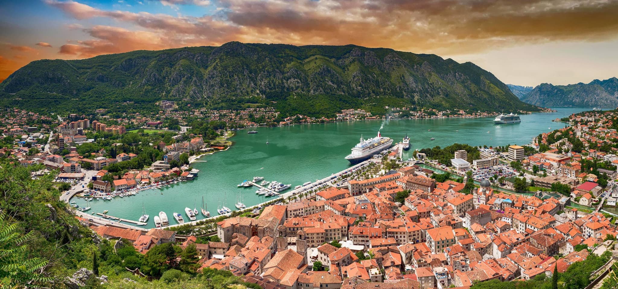 Panoramic sunset view of Kotor Bay from the city walls
