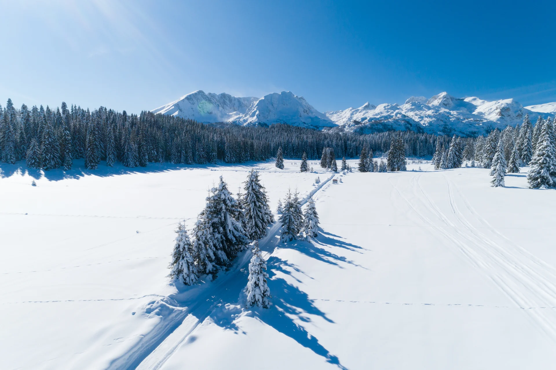 Zabljak covered in snow during winter with snow-capped Durmitor peaks